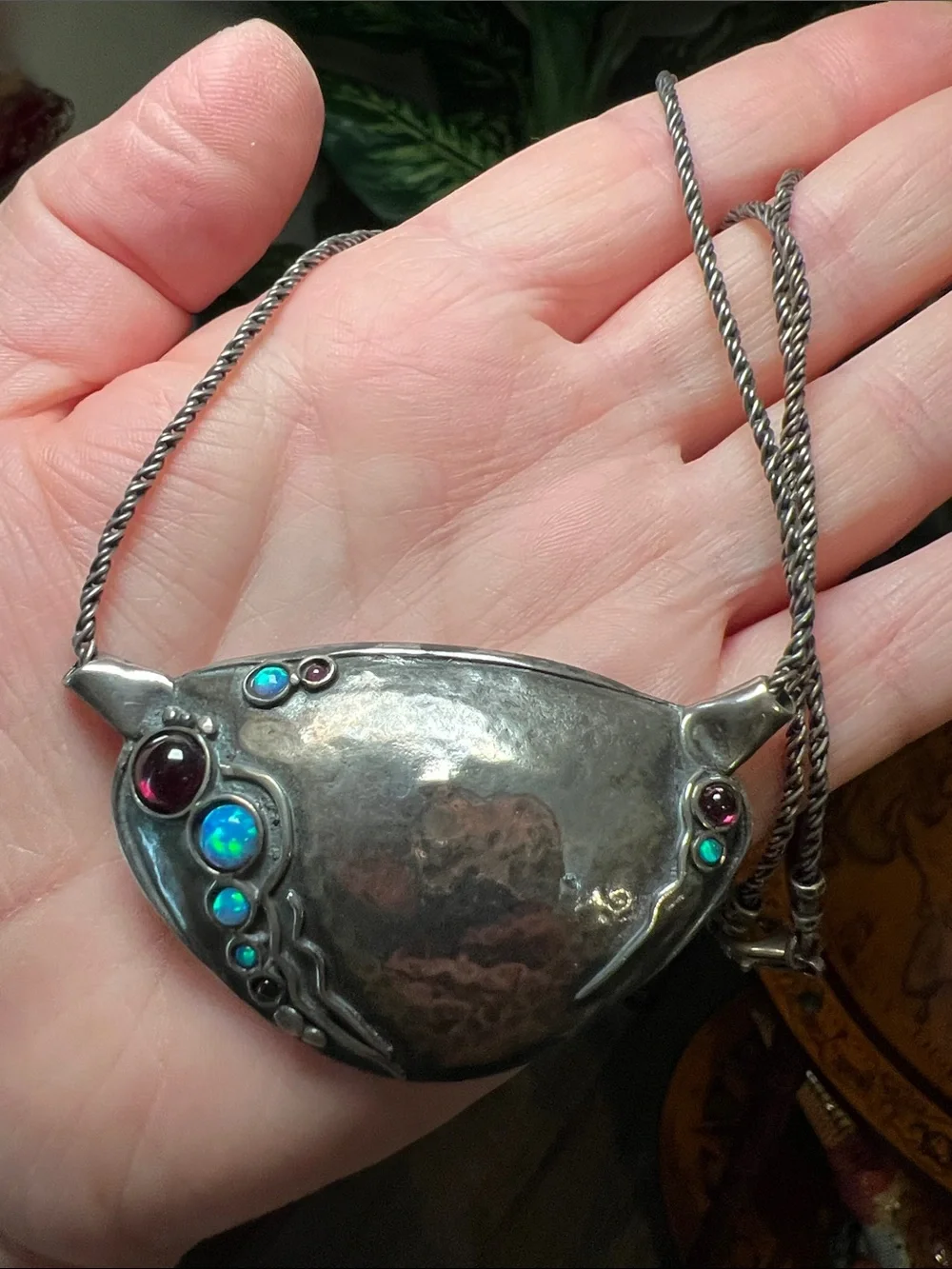 Vintage Modernist Designer Blue Opal Garnet Sterling Silver Pendant Necklace